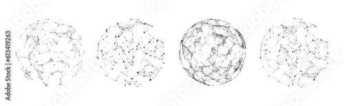 Set of abstract spheres from points and lines on a white background. Network connection structure. Big data visualization. Vector illustration.