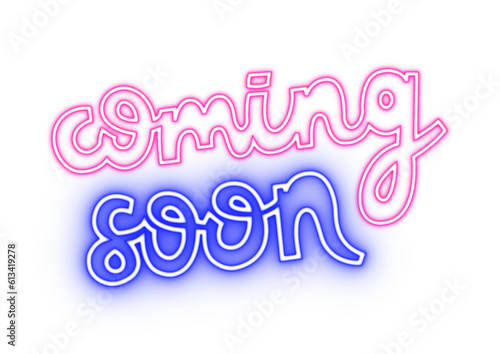 Coming soon neon sign. Shining signboard for social media and announce. PNG sticker