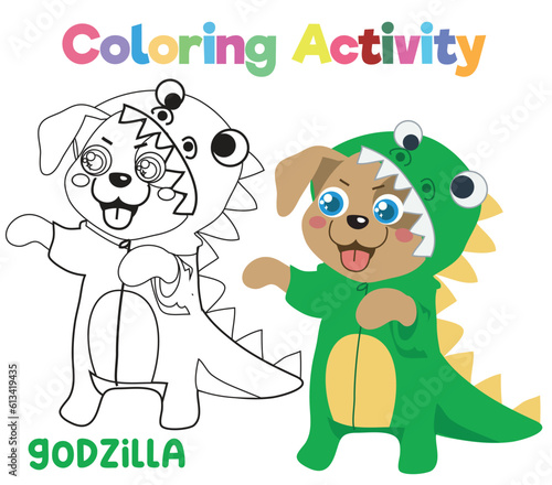 Coloring activity for kids a cute puppy in Halloween costume party the cute Godzilla. Coloring book with Halloween theme. worksheet page. Simple coloring sheet for children. 