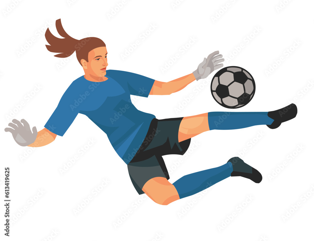 Women's football goalkeeper in a blue shirt and gloves jumping high to catch the ball