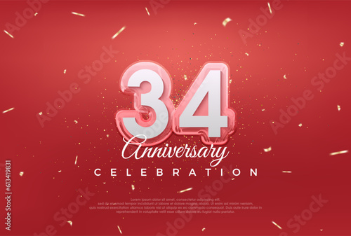 Modern design for 34th anniversary celebration. with golden color on red background. Premium vector for poster, banner, celebration greeting. photo
