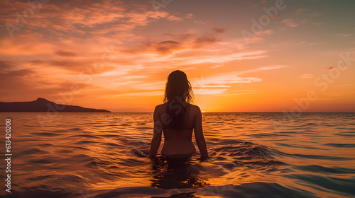 beautiful girl walking into the water with sunset view  created with Generative AI