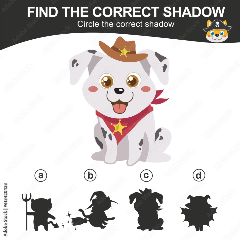 Find the correct shadow. Matching the image with the shadow of cute dog in Halloween costumes. Worksheet for kid. Educational printable worksheet. Vector illustration.