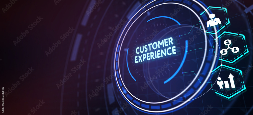 Business, technology, internet and network concept. The future of technology. Virtual screen of the future with the inscription: customer experience. 3d illustration Business, technology, internet and network concept. The future of technology. Virtual screen of the future with the inscription: customer experience. 3d illustration
