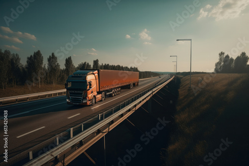 A semi truck navigates a highway at sunset, carrying valuable cargo with safety and efficiency, showcasing the advances in transportation technology. Generative AI.
