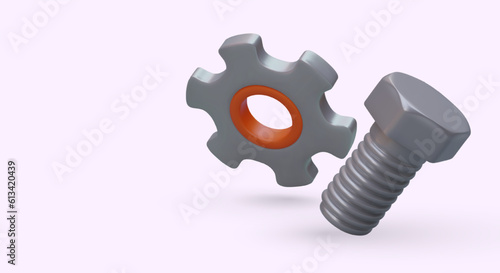 Mechanic services. Small repairs, adjustment of fasteners, change of tension force. 3D washer and bolt with shadows and reflections. Vector template for advertising, web page design