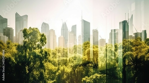 Panoramic view of a large city. Modern futuristic city with skyscrapers and towers  double exposure with forest  ecology concept