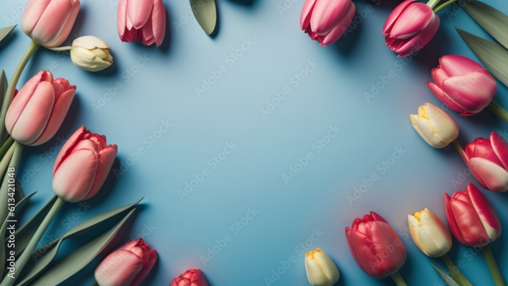Image decorated with red tulips on a blue background