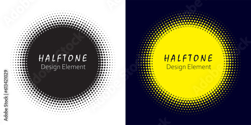 Halftone circle frame background set. Round border Icon using halftone random circle. Grunge circular stain. Vector illustration. 