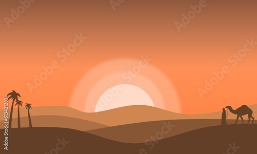 desert background illustration with silhouette date palm and person camel with copy space of your text  illustration desert background for wallpaper  website background and book cover