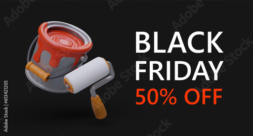 Crazy discounts on products for painting. Tools and consumables for half price. Black Friday at building materials store. 3D brush and bucket with paint photo