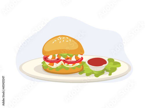 Shrimp burger with ketchup and lettuce on plate. seafood. yummy fast food. vector cartoon illustration