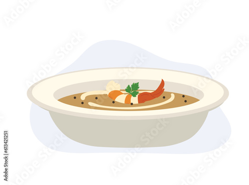 shrimp and corn chowder soup. seafood. yummy food. cartoon food. vector cartoon illustration