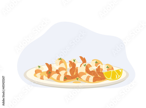 Pan fried butter garlic shrimp on plate. Garlic prawns or shrimps with chives and lemon. Seafood. cartoon vector illustration