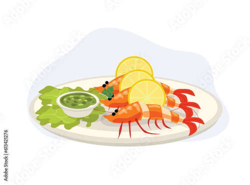 cooked prawn or shrimp with lemon slice and lettuce on plate. eat with Thai spicy seafood sauce.  Seafood . Flat vector cartoon illustration