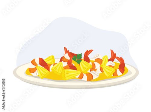 stir fry Pineapple and shrimp. seafood Thai food. tummy food. Flat vector cartoon illustration