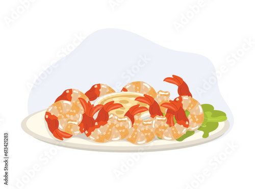 Stir-fried Prawn with Coconut. Thai food. seafood. yummy food. Flat cartoon vector illustration