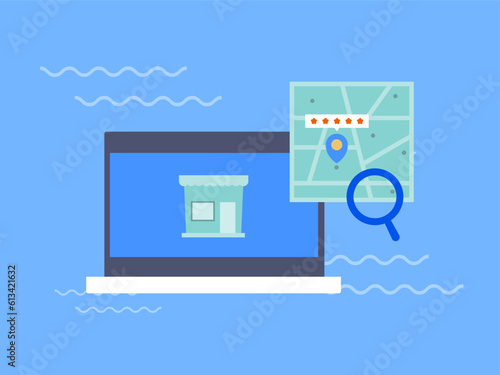 SEO for local business listing, Local business on search engine map location. Business online customer reviews five star rated