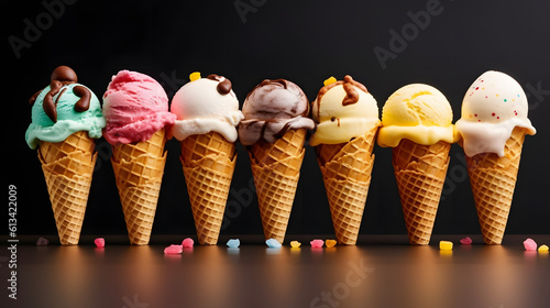 Ice cream cones in a variety of flavours.