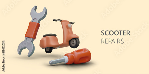 Workshop for repair of scooters, mopeds. Advertising banner in cartoon style. Color vector template. Seasonal maintenance, diagnostics, battery replacement, parts