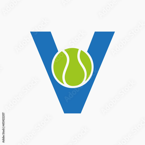 Tennis Logo On Letter V. Tennis Sport Academy, Club Logo Sign