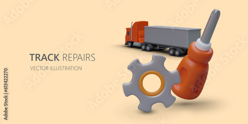 Trucks repair. Assistance to truck drivers. Professional service, qualified workers. Diagnostics, detection of defects. Advertising poster with 3D illustration on bright background