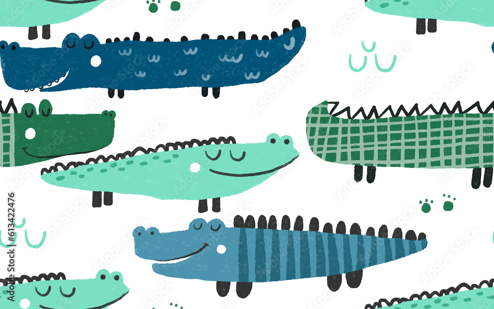 Hand drawing cute crocodile seamless pattern illustration for baby room, nursery. Illustration design for fashion fabrics, textile graphics, prints, wrapping, textile
