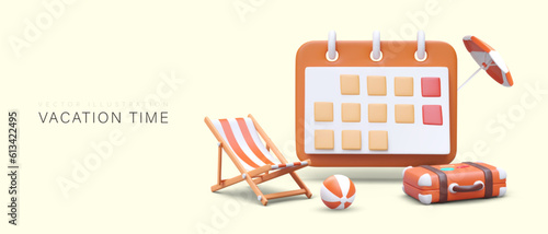 Time to relax at resort. Vacation on sea, ocean coast. Lazy and active recreation. Huge 3D calendar, suitcase, beach ball, umbrella, deck chair. Bright vector concept for site