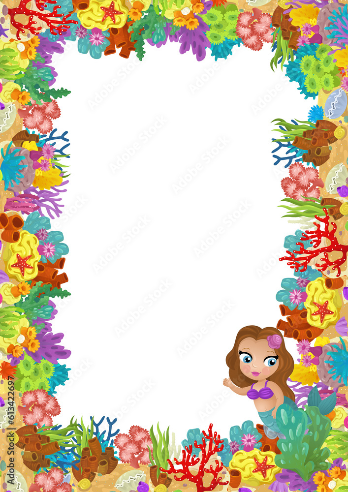cartoon scene with coral reef and happy fishes swimming near mermaid princess isolated illustration for children cartoon scene with coral reef and happy fishes swimming near mermaid princess isolated illustration for children