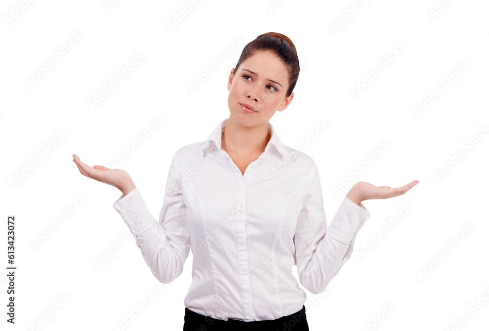 Palm, choice and business woman thinking isolated on transparent png background for job decision. Doubt, confused and young person or employee with hands for presentation, offer or questions in emoji Palm, choice and business woman thinking isolated on transparent png background for job decision. Doubt, confused and young person or employee with hands for presentation, offer or questions in emoji
