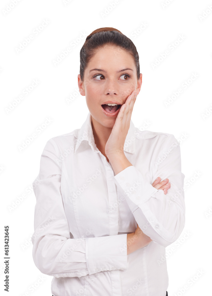 Thinking, surprise and shocked business woman isolated on transparent, png background. Professional female person with hand by mouth for wow announcement, good news and excited for promotion Thinking, surprise and shocked business woman isolated on transparent, png background. Professional female person with hand by mouth for wow announcement, good news and excited for promotion