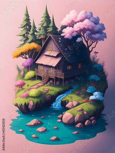 Small house near a rivre made by Genarative Ai photo