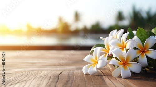 A wooden table with white frangipani flowers. Generative AI