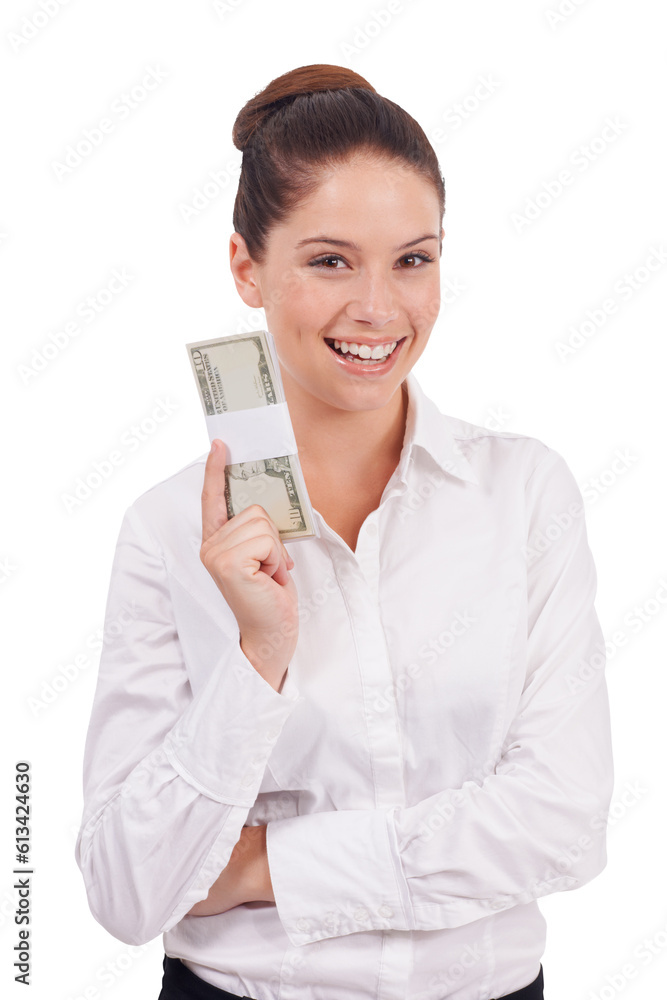 Money, winner and happy woman in portrait for financial success, bonus or cashback isolated on transparent png background Lotto, banking and professional person smile for winning cash, wealth or loan Money, winner and happy woman in portrait for financial success, bonus or cashback isolated on transparent png background Lotto, banking and professional person smile for winning cash, wealth or loan