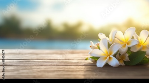 A wooden table with white frangipani flowers. Generative AI