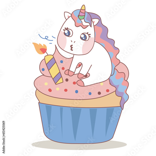 Clipart kawaii and cute baby unicorn with a birthday cake on white background for kids fashion artworks  children books  birthday invitations  greeting cards  posters. Fantasy cartoon vector file. 