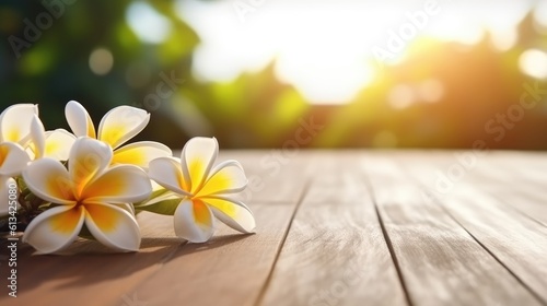 A wooden table with white frangipani flowers. Generative AI © piai