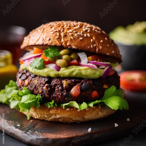Hamburger with black bean, avocado, tomato and cucumber