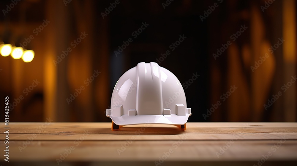 White Construction Helmet on Wooden Mock up White Construction Helmet on Wooden Mock up