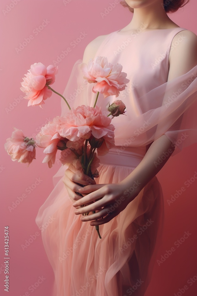 A woman in a huge white pink silky wedding dress holding a bouquet of fresh spring flowers. Wedding design, celebration, romance, love, couple together. Generated AI.