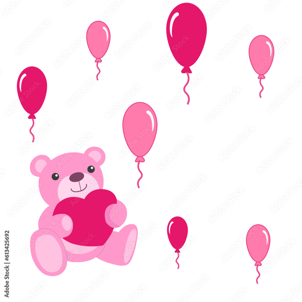 Festive background pink teddy bear with a heart in its paws and pink air balloons around on a white background. Postcard for March 8 Women's Day and Valentine's Day. Vector illustration of invitation 
