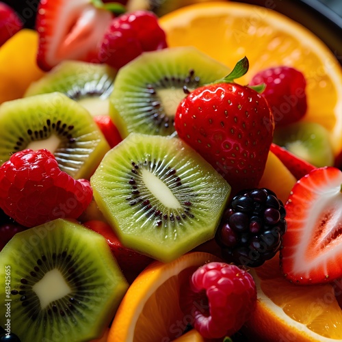 Fruit salad with strawberries, kiwi, oranges and blackberries