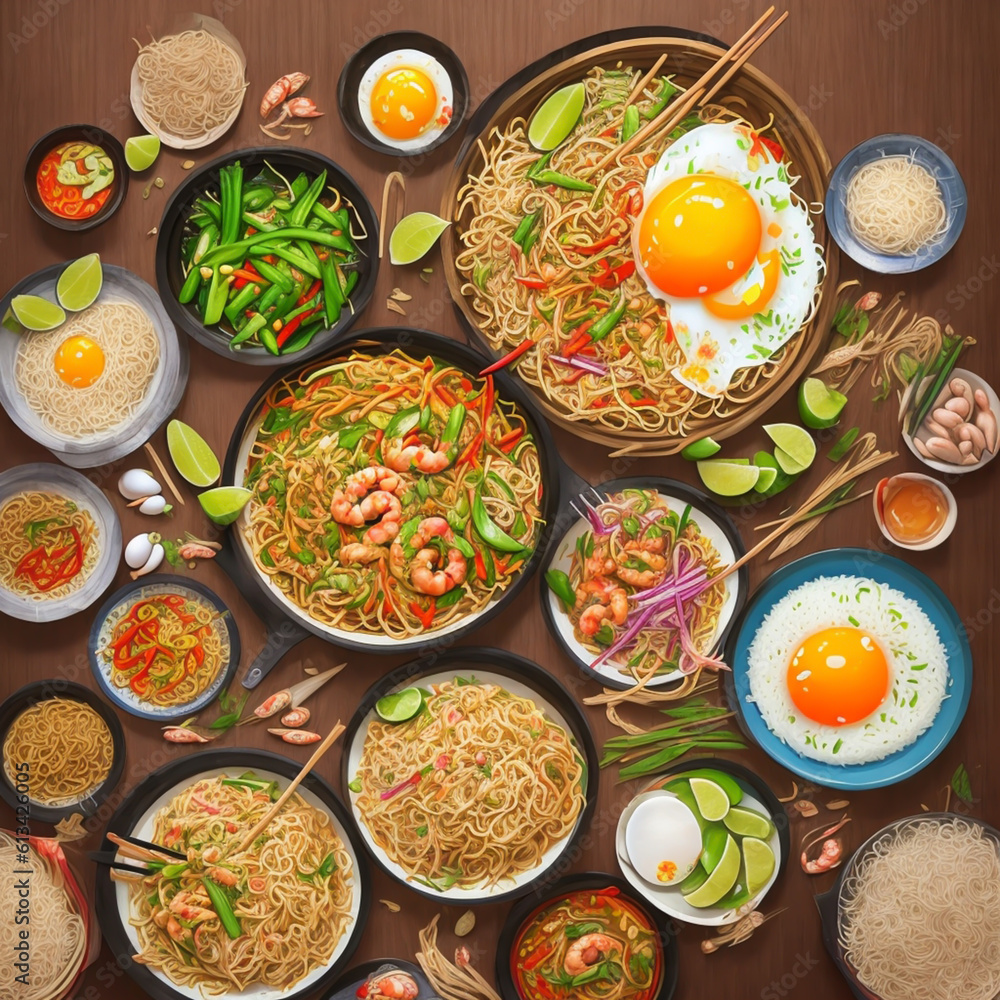 A lot of plates of stir fried noodles on the table illustration drawing, Spicy sauce, Thai food, AI generated. A lot of plates of stir fried noodles on the table illustration drawing, Spicy sauce, Thai food, AI generated.