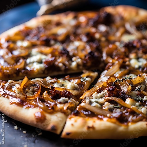Pizza with mozzarella cheese, onion and rosemary. Italian food