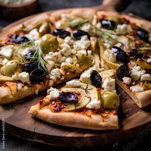 Pizza with mozzarella cheese, olives and rosemary