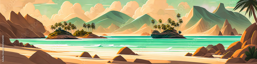Tropical Oasis: Serene Sea Lagoon with Palm Trees, Mountain Reflections, and Jungle Silhouettes. Summer Seascape of Ocean Shore with Rocky Accents.
