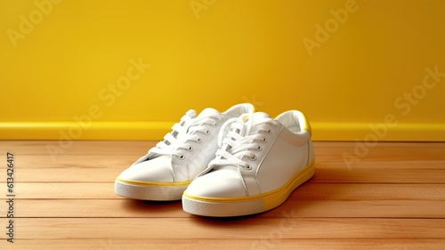 Close up Blank white shoes on Wooden table (mockup)