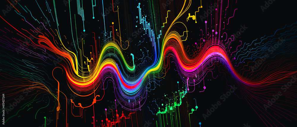 Abstract Harmonies: Neon Equalizer - Sound Wave Design on Black Canvas, Generative AI.