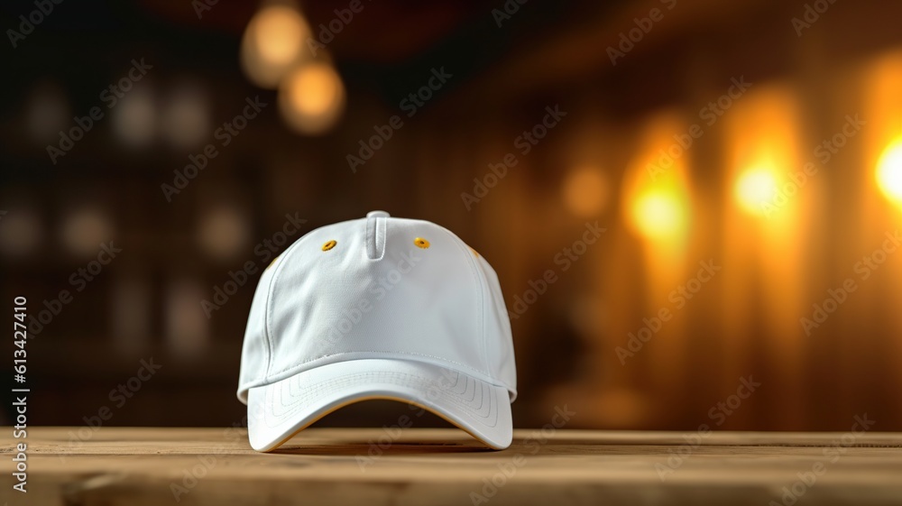 Blank White Cap / hat on Wooden table Blank White Cap / hat on Wooden table