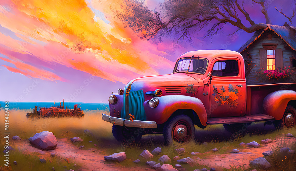 Rustic Reverie: Vintage Pickup Truck and Timeless Abode Beneath a Vivid Sky - A Fantastical Illustration Painting., Generative AI